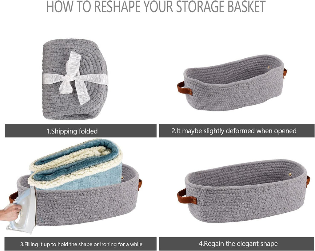 Woven Storage Basket for Home Organization | Rectangular Rope Basket with Leather Handle | Multipurpose Organizer for Bathroom, Bedroom, Shelves & Countertop | 13 x 6 x 4 In | Pack of 1