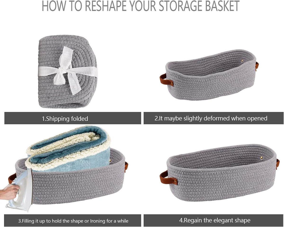 Woven Storage Basket for Home Organization | Rectangular Rope Basket with Leather Handle | Multipurpose Organizer for Bathroom, Bedroom, Shelves & Countertop | 13 x 6 x 4 In | Pack of 1