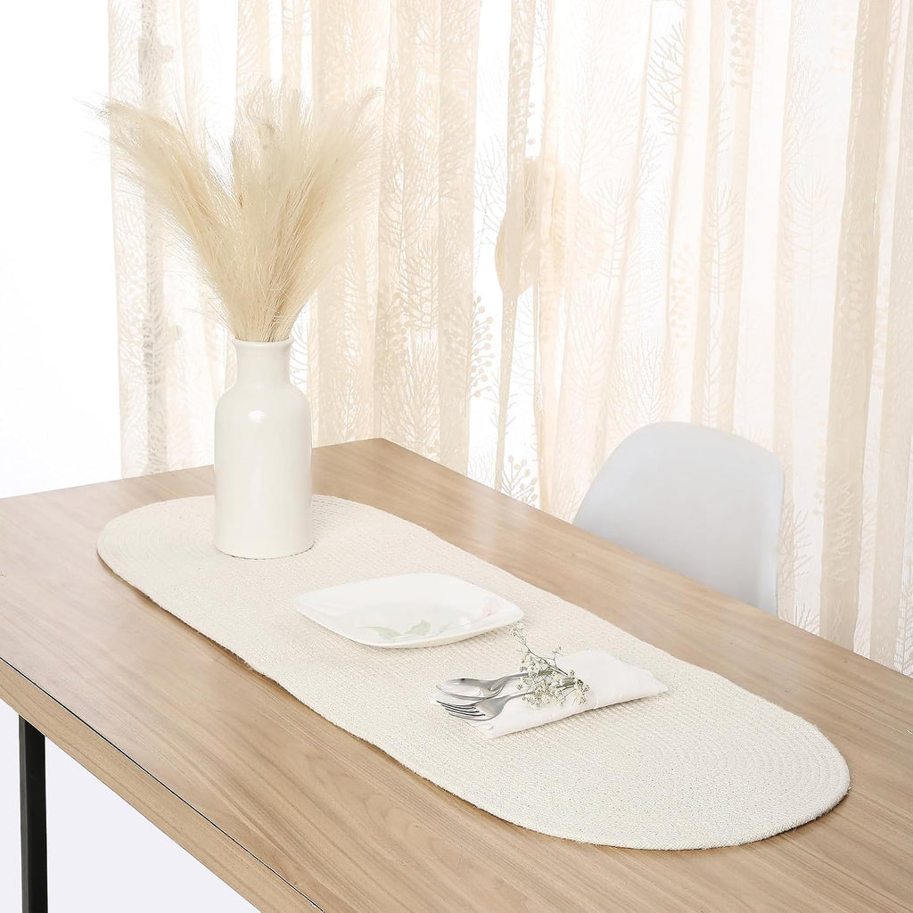 Table Runner Oval, Linen Textured Table Runner for Dining Table, 30x91 cm Farmhouse Boho Table Decor for Home Kitchen, Everyday Wedding Party Holiday Table Setting (Beige & Off-White)