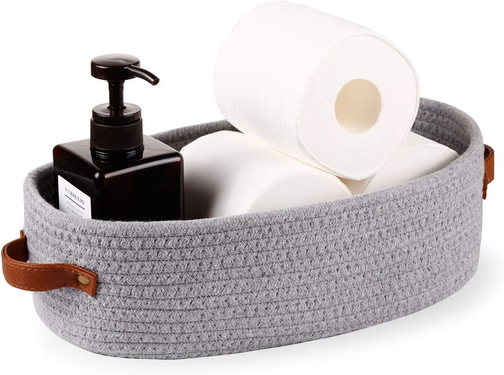Woven Storage Basket for Home Organization | Rectangular Rope Basket with Leather Handle | Multipurpose Organizer for Bathroom, Bedroom, Shelves & Countertop | 13 x 6 x 4 In | Pack of 1