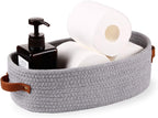 Woven Storage Basket for Home Organization | Rectangular Rope Basket with Leather Handle | Multipurpose Organizer for Bathroom, Bedroom, Shelves & Countertop | 13 x 6 x 4 In | Pack of 1