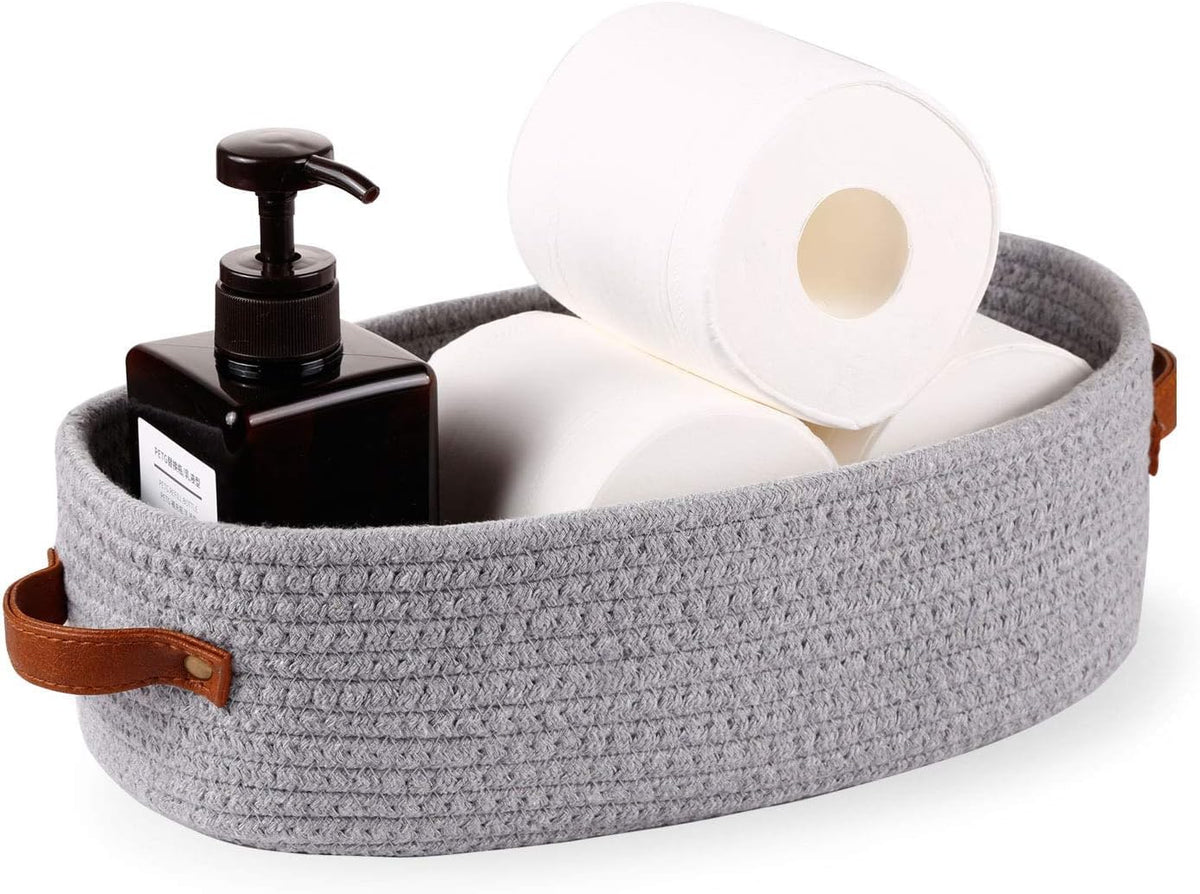 Woven Storage Basket for Home Organization | Rectangular Rope Basket with Leather Handle | Multipurpose Organizer for Bathroom, Bedroom, Shelves & Countertop | 13 x 6 x 4 In | Pack of 1