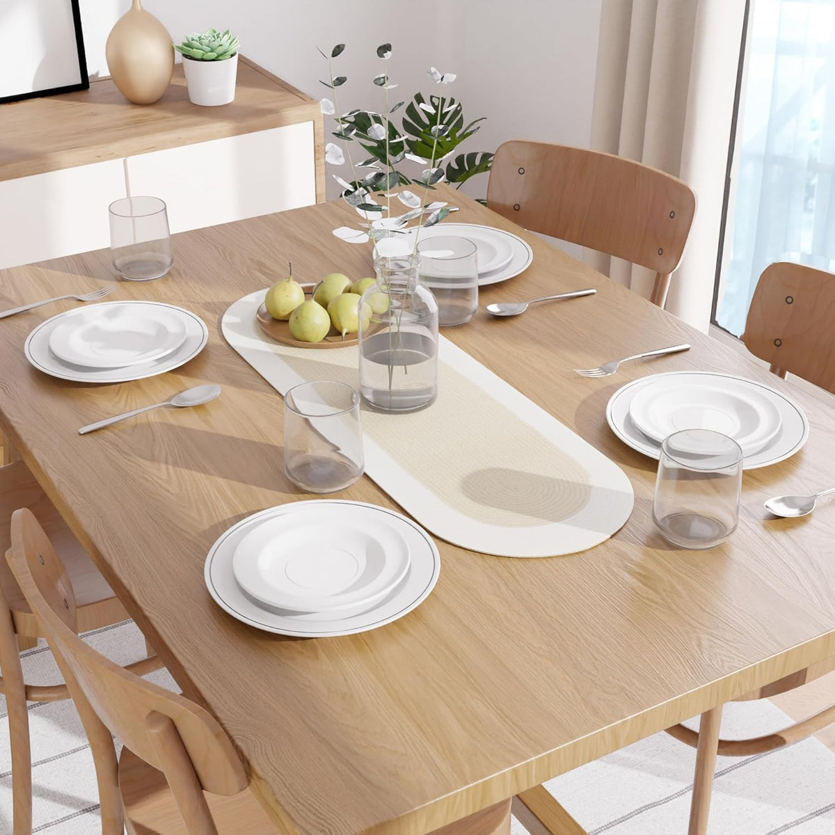 Table Runner Oval, Linen Textured Table Runner for Dining Table, 30x91 cm Farmhouse Boho Table Decor for Home Kitchen, Everyday Wedding Party Holiday Table Setting (Beige & Off-White)