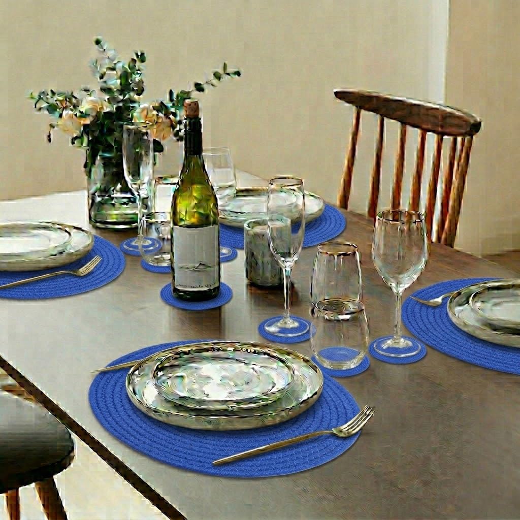 Cotton Round Braided Placemats & Coasters Set, Beige | 6 Placemats (30 cm) + 6 Coasters (11 cm) | Heat Resistant, Eco-Friendly, Easy to Clean | Includes Storage Box (Blue)
