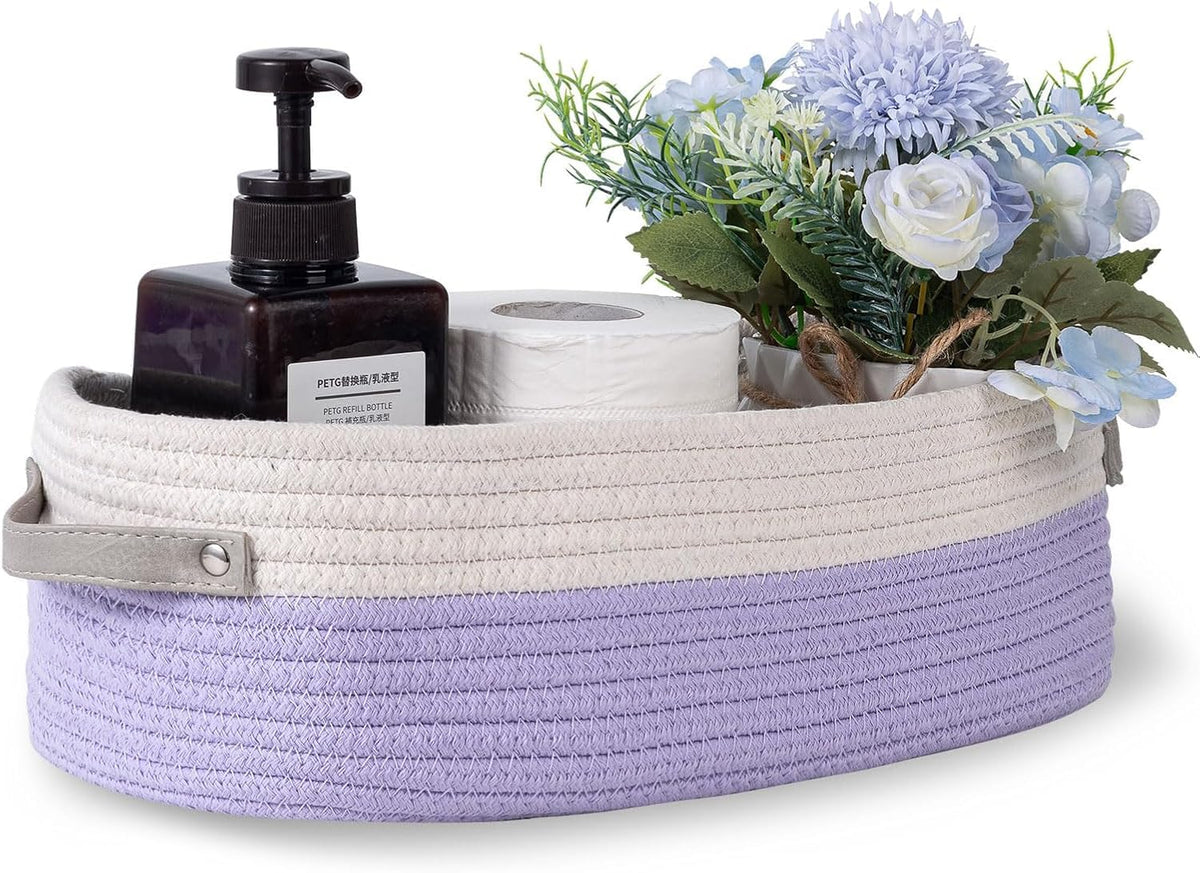 Woven Storage Basket for Home Organization | Rectangular Rope Basket with Leather Handle | Multipurpose Organizer for Bathroom, Bedroom, Shelves & Countertop | 13 x 6 x 4 In | Pack of 1