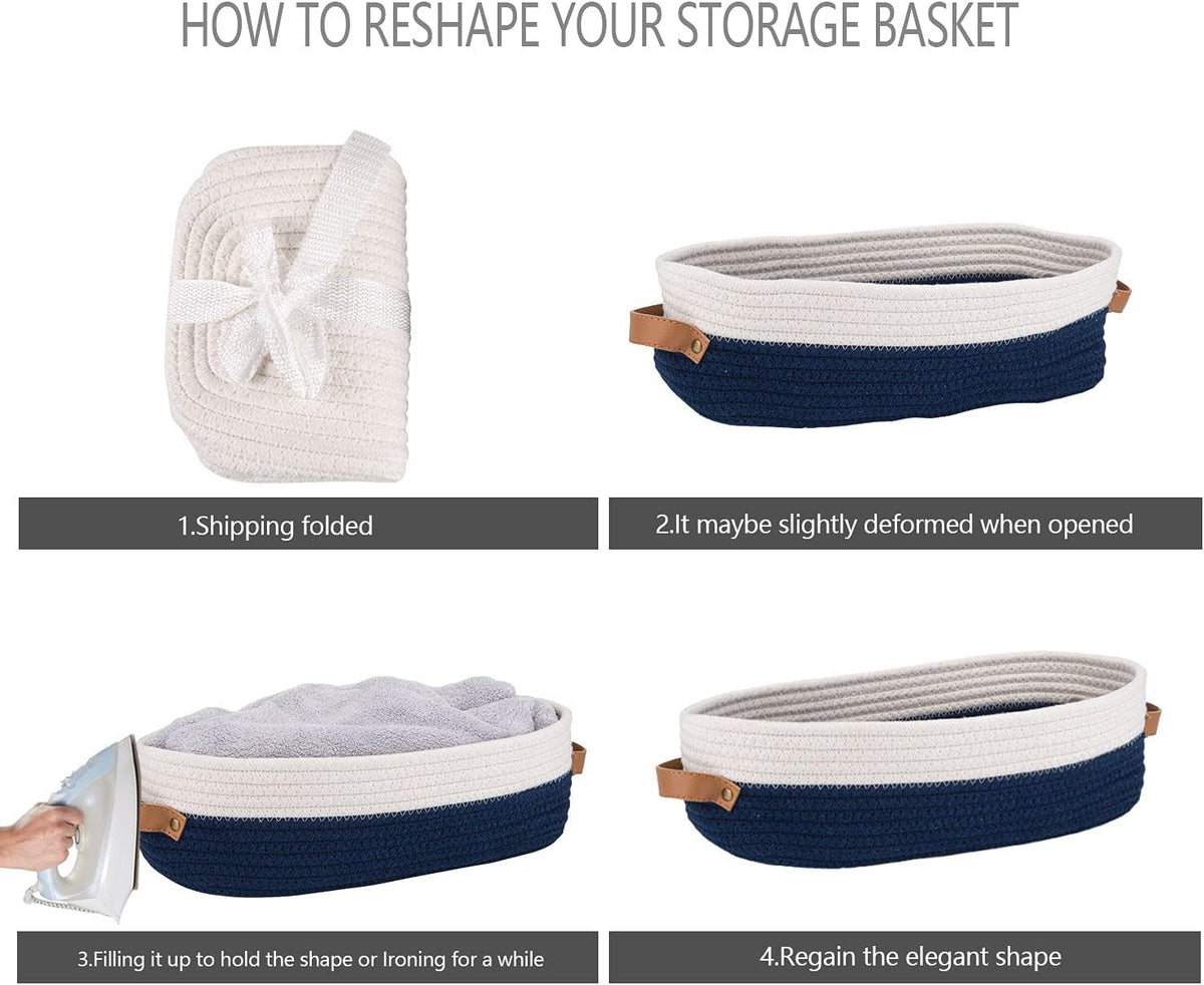 Woven Storage Basket for Home Organization | Rectangular Rope Basket with Leather Handle | Multipurpose Organizer for Bathroom, Bedroom, Shelves & Countertop | 13 x 6 x 4 In | Pack of 1