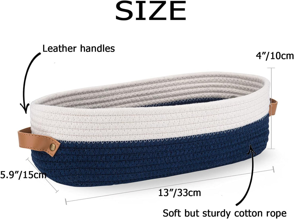 Woven Storage Basket for Home Organization | Rectangular Rope Basket with Leather Handle | Multipurpose Organizer for Bathroom, Bedroom, Shelves & Countertop | 13 x 6 x 4 In | Pack of 1