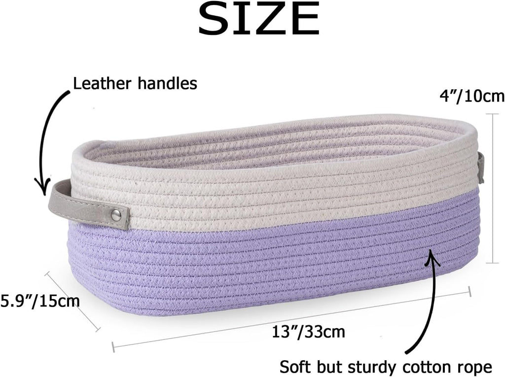 Woven Storage Basket for Home Organization | Rectangular Rope Basket with Leather Handle | Multipurpose Organizer for Bathroom, Bedroom, Shelves & Countertop | 13 x 6 x 4 In | Pack of 1