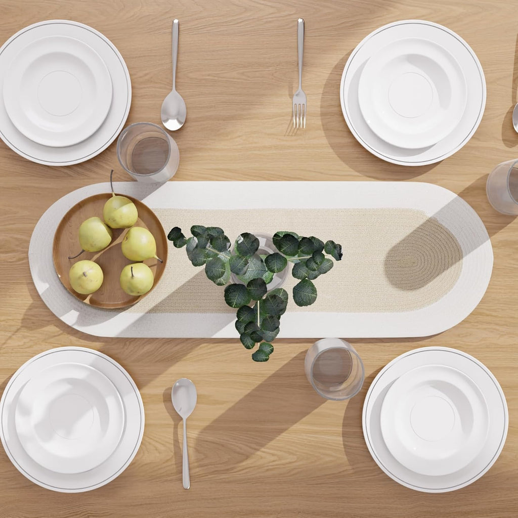 Table Runner Oval, Linen Textured Table Runner for Dining Table, 30x91 cm Farmhouse Boho Table Decor for Home Kitchen, Everyday Wedding Party Holiday Table Setting (Beige & Off-White)