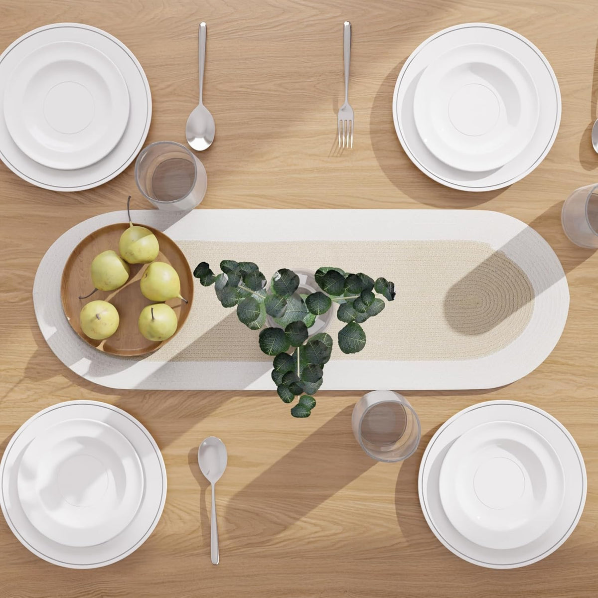 Table Runner Oval, Linen Textured Table Runner for Dining Table, 30x91 cm Farmhouse Boho Table Decor for Home Kitchen, Everyday Wedding Party Holiday Table Setting (Beige & Off-White)