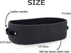 Woven Storage Basket for Home Organization | Rectangular Rope Basket with Leather Handle | Multipurpose Organizer for Bathroom, Bedroom, Shelves & Countertop | 13 x 6 x 4 In | Pack of 1