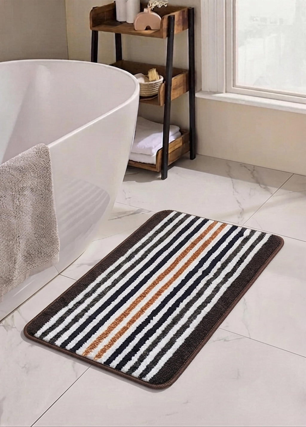 Striped Bath Mat for Bathroom Floor | Soft Absorbent Anti-Skid Bath Rug | Quick Dry Washable Floor Mat | Grey, Blue & Beige | 40x60 cm (Blue)