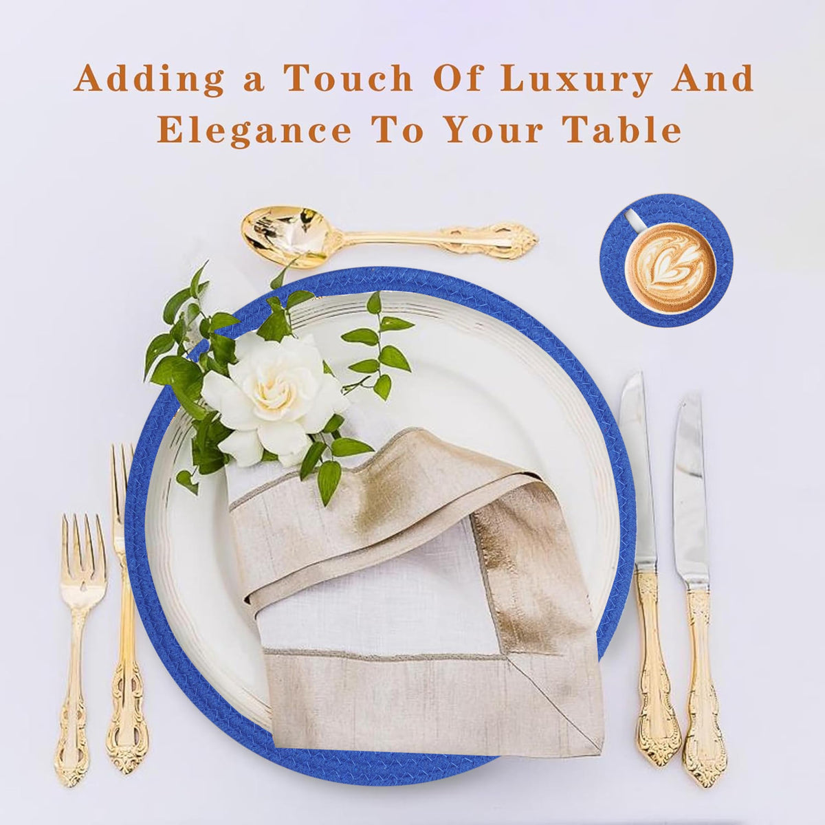 Cotton Round Braided Placemats & Coasters Set, Beige | 6 Placemats (30 cm) + 6 Coasters (11 cm) | Heat Resistant, Eco-Friendly, Easy to Clean | Includes Storage Box (Blue)