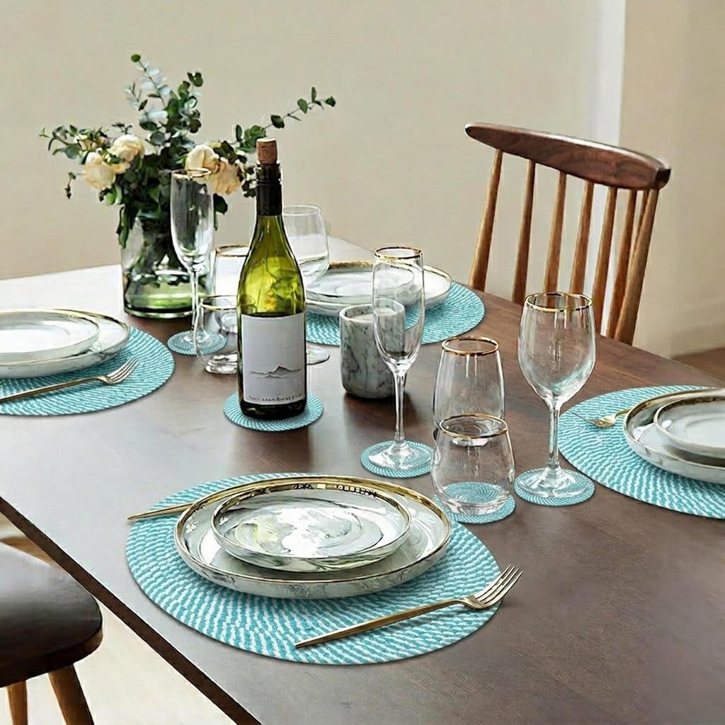 Cotton Round Braided Placemats & Coasters Set, Beige | 6 Placemats (30 cm) + 6 Coasters (11 cm) | Heat Resistant, Eco-Friendly, Easy to Clean | Includes Storage Box (Blue)