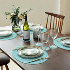 Cotton Round Braided Placemats & Coasters Set, Beige | 6 Placemats (30 cm) + 6 Coasters (11 cm) | Heat Resistant, Eco-Friendly, Easy to Clean | Includes Storage Box (Blue)