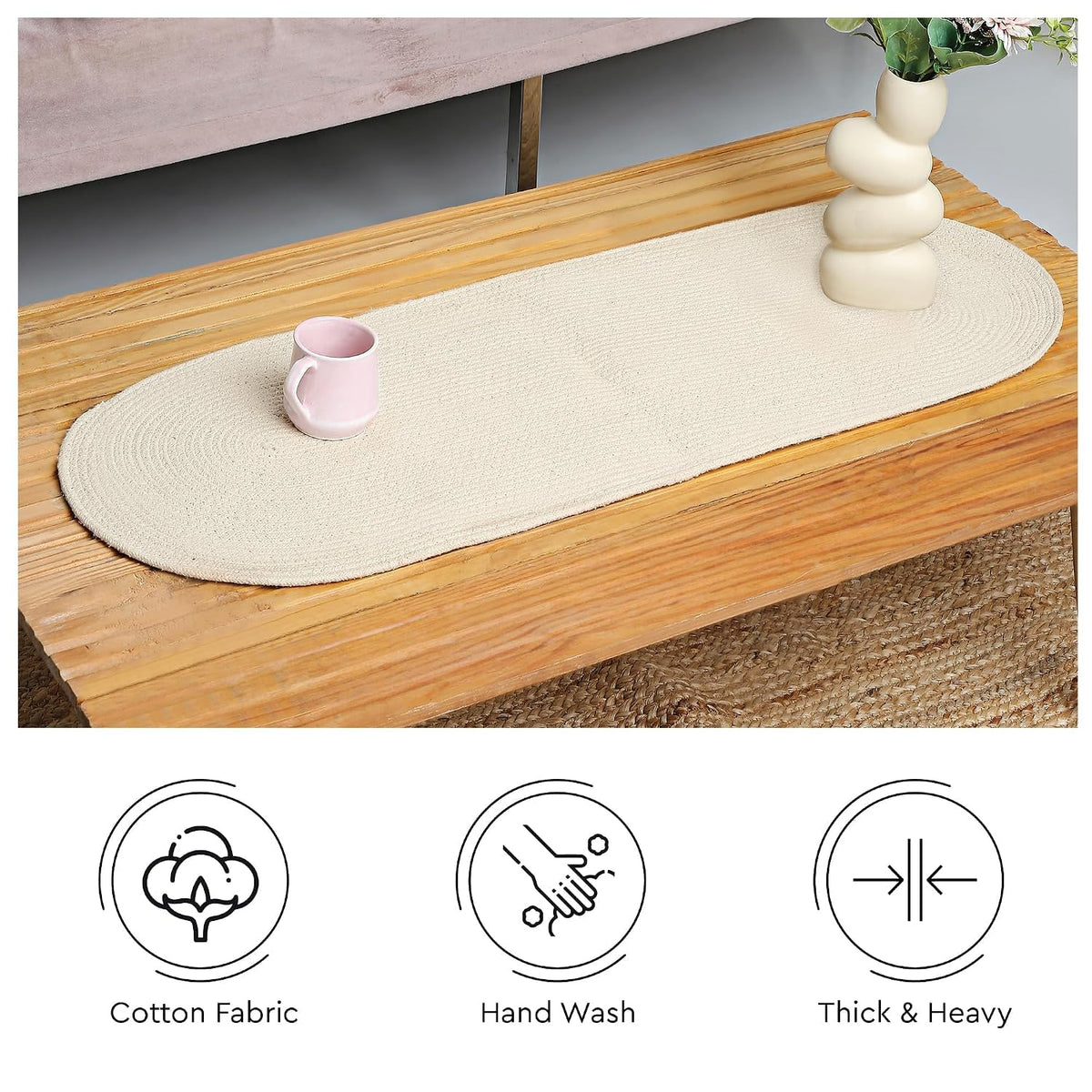 Table Runner Oval, Linen Textured Table Runner for Dining Table, 30x91 cm Farmhouse Boho Table Decor for Home Kitchen, Everyday Wedding Party Holiday Table Setting (Beige & Off-White)