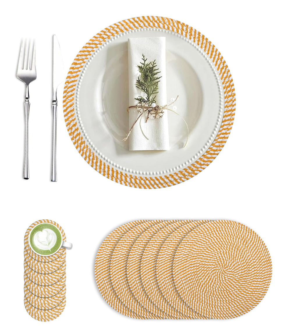 Cotton Round Braided Placemats & Coasters Set, Beige | 6 Placemats (30 cm) + 6 Coasters (11 cm) | Heat Resistant, Eco-Friendly, Easy to Clean | Includes Storage Box (Blue)