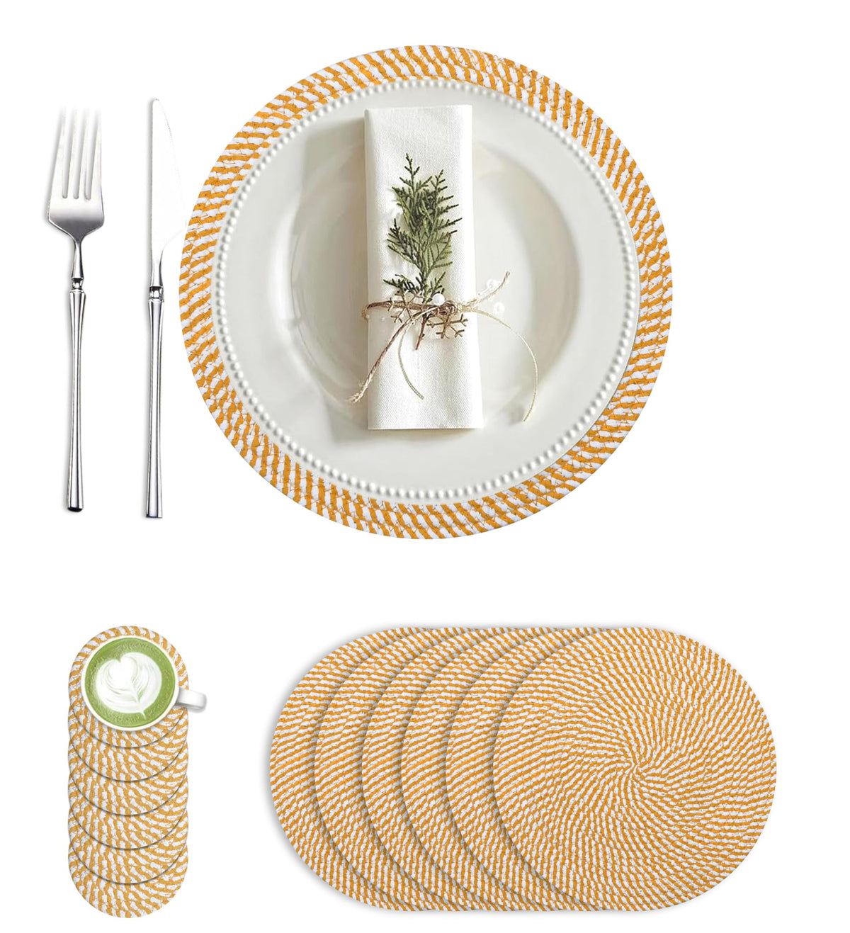 Cotton Round Braided Placemats & Coasters Set, Beige | 6 Placemats (30 cm) + 6 Coasters (11 cm) | Heat Resistant, Eco-Friendly, Easy to Clean | Includes Storage Box (Blue)