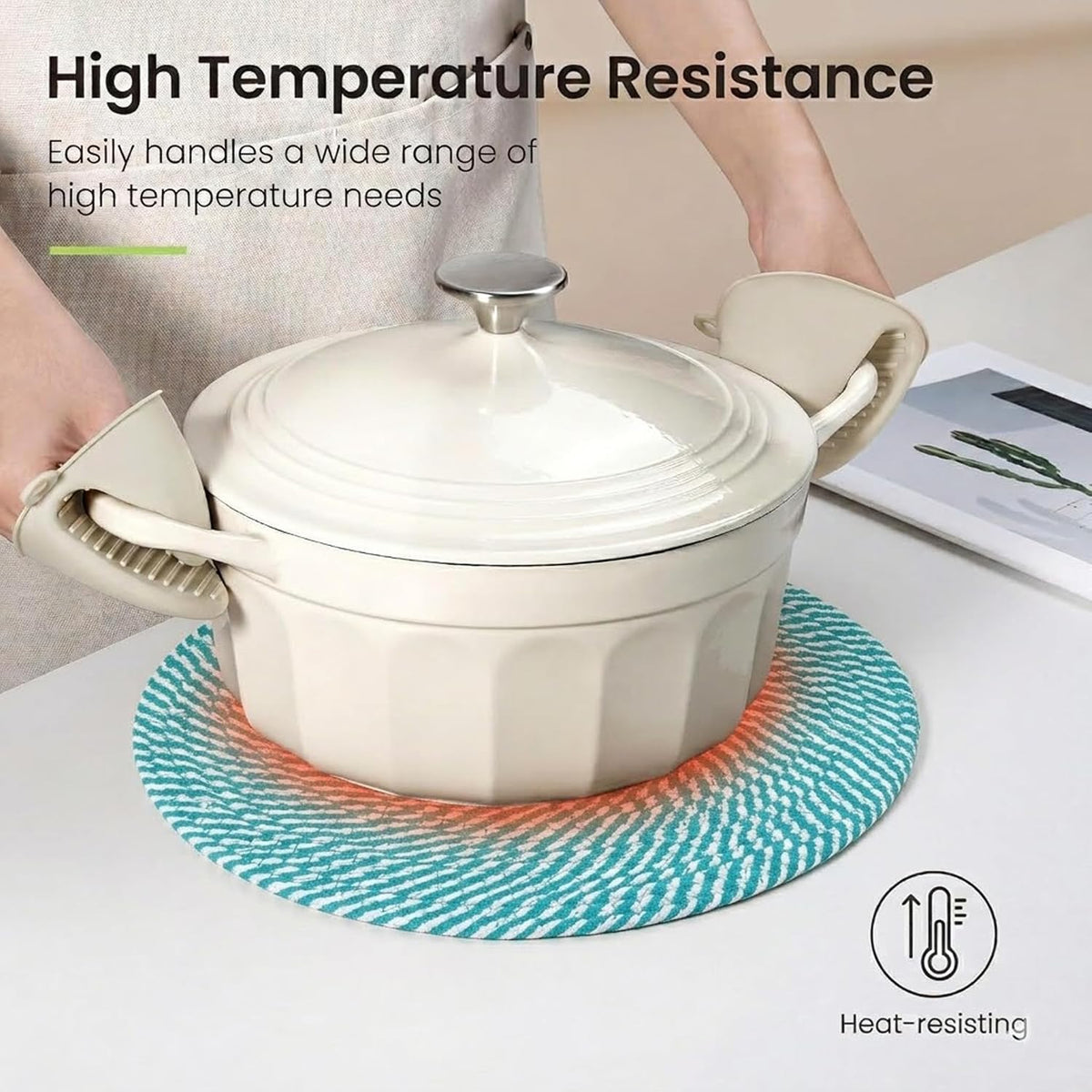 Cotton Round Braided Placemats & Coasters Set, Beige | 6 Placemats (30 cm) + 6 Coasters (11 cm) | Heat Resistant, Eco-Friendly, Easy to Clean | Includes Storage Box (Blue)