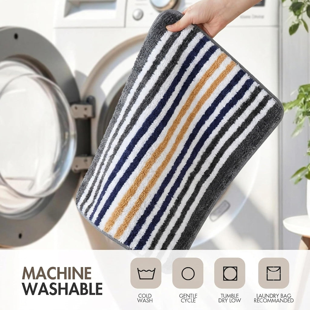 Striped Bath Mat for Bathroom Floor | Soft Absorbent Anti-Skid Bath Rug | Quick Dry Washable Floor Mat | Grey, Blue & Beige | 40x60 cm (Blue)