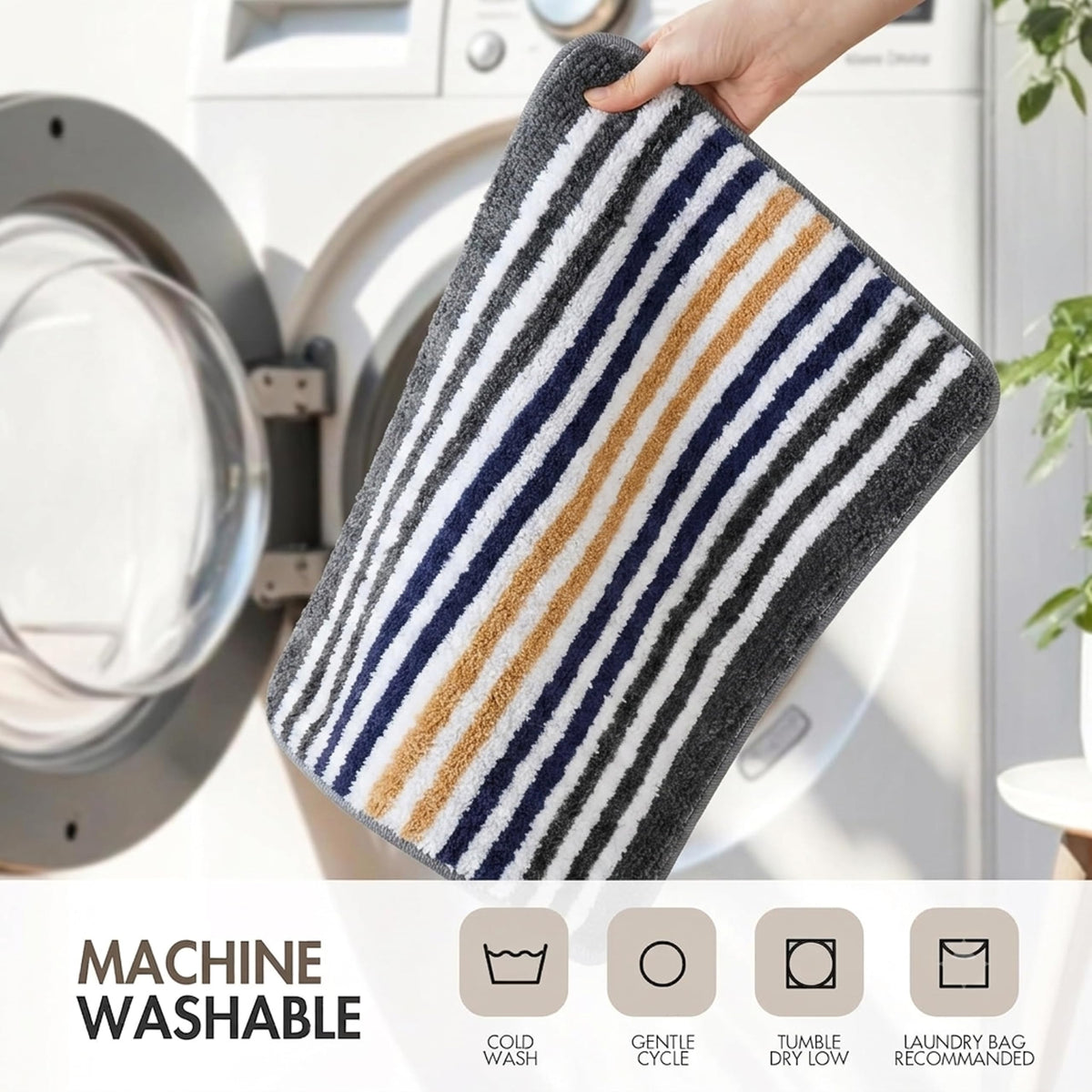 Striped Bath Mat for Bathroom Floor | Soft Absorbent Anti-Skid Bath Rug | Quick Dry Washable Floor Mat | Grey, Blue & Beige | 40x60 cm (Blue)