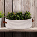 Woven Storage Basket for Home Organization | Rectangular Rope Basket with Leather Handle | Multipurpose Organizer for Bathroom, Bedroom, Shelves & Countertop | 13 x 6 x 4 In | Pack of 1