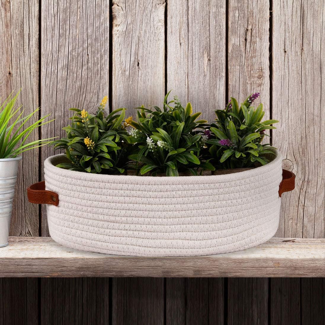 Woven Storage Basket for Home Organization | Rectangular Rope Basket with Leather Handle | Multipurpose Organizer for Bathroom, Bedroom, Shelves & Countertop | 13 x 6 x 4 In | Pack of 1