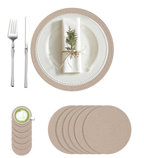 Cotton Round Braided Placemats & Coasters Set, Beige | 6 Placemats (30 cm) + 6 Coasters (11 cm) | Heat Resistant, Eco-Friendly, Easy to Clean | Includes Storage Box (Blue)