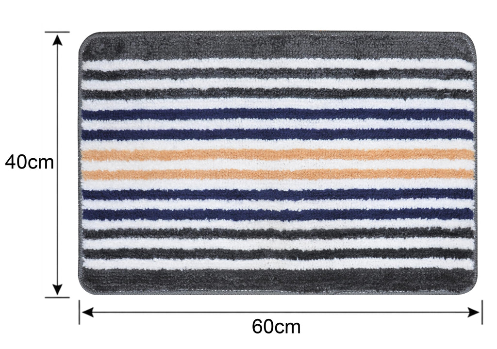 Striped Bath Mat for Bathroom Floor | Soft Absorbent Anti-Skid Bath Rug | Quick Dry Washable Floor Mat | Grey, Blue & Beige | 40x60 cm (Blue)