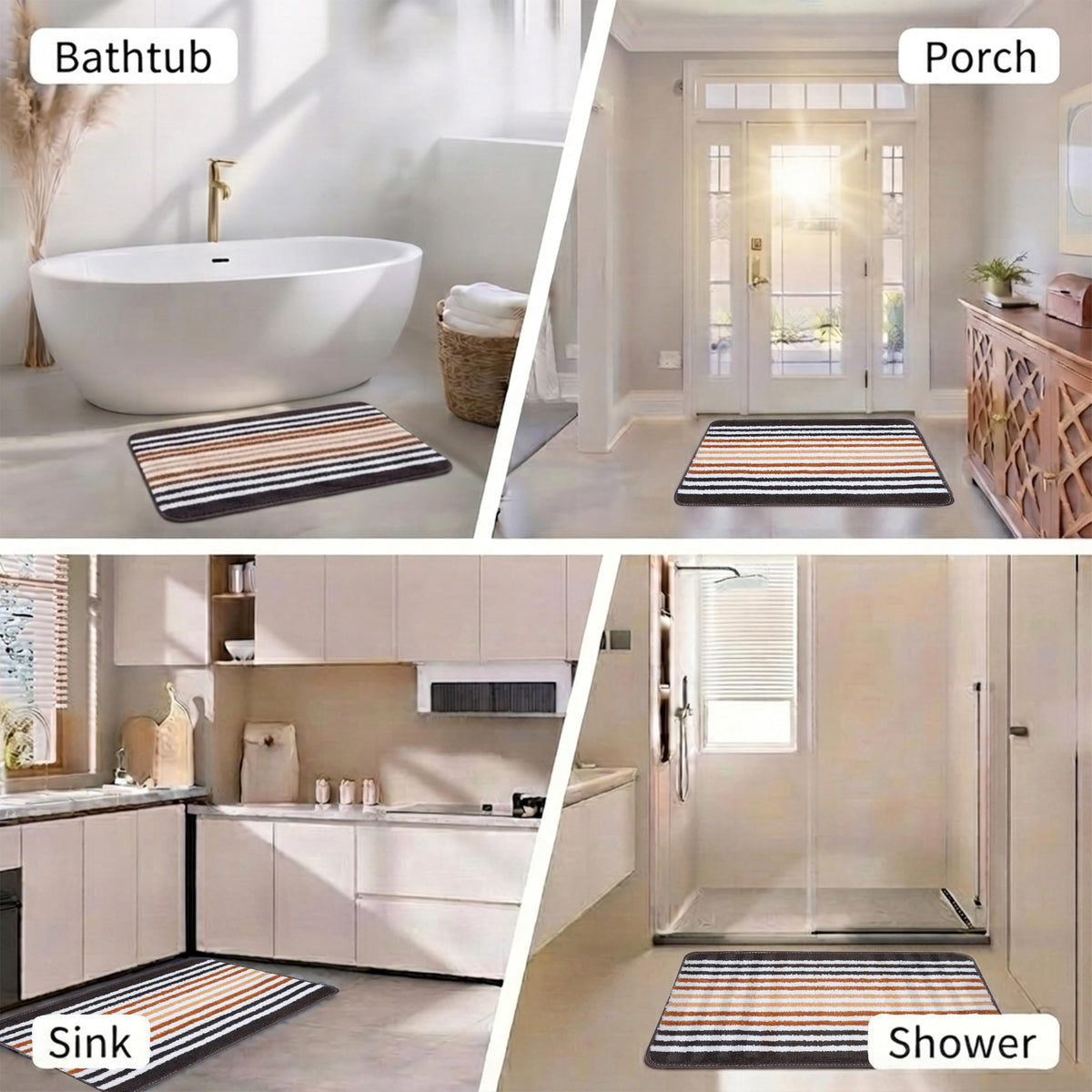 Striped Bath Mat for Bathroom Floor | Soft Absorbent Anti-Skid Bath Rug | Quick Dry Washable Floor Mat | Grey, Blue & Beige | 40x60 cm (Blue)