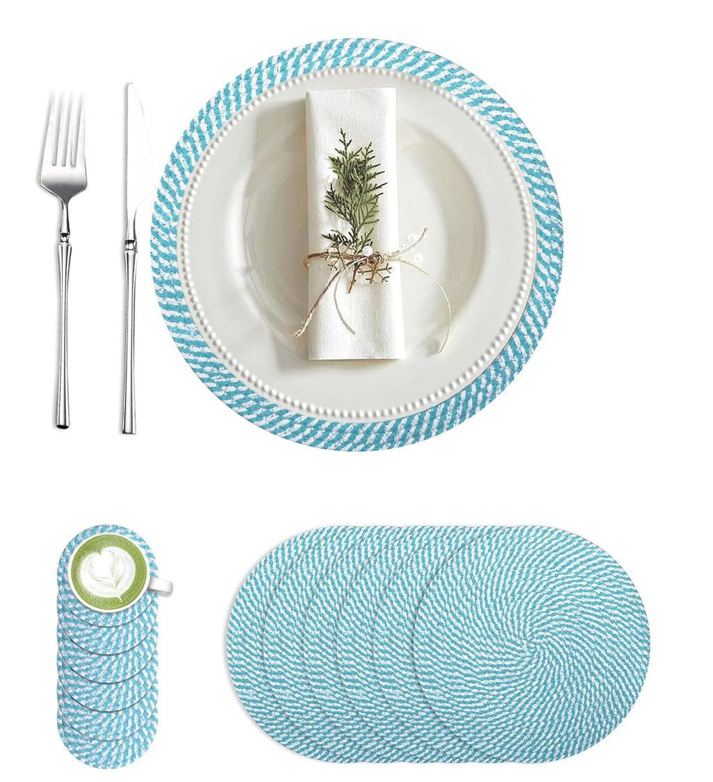 Cotton Round Braided Placemats & Coasters Set, Beige | 6 Placemats (30 cm) + 6 Coasters (11 cm) | Heat Resistant, Eco-Friendly, Easy to Clean | Includes Storage Box (Blue)