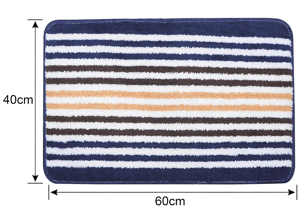 Striped Bath Mat for Bathroom Floor | Soft Absorbent Anti-Skid Bath Rug | Quick Dry Washable Floor Mat | Grey, Blue & Beige | 40x60 cm (Blue)