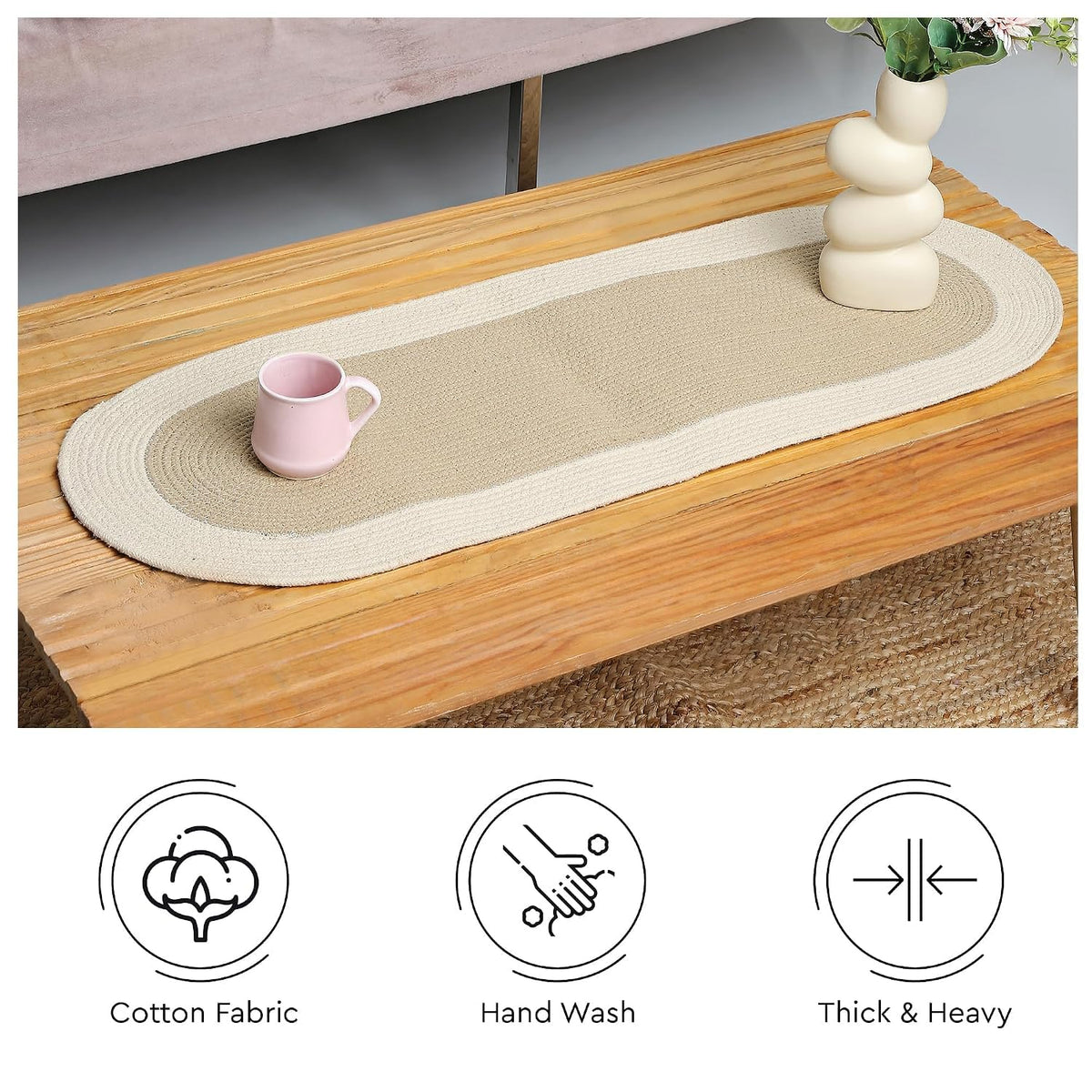 Table Runner Oval, Linen Textured Table Runner for Dining Table, 30x91 cm Farmhouse Boho Table Decor for Home Kitchen, Everyday Wedding Party Holiday Table Setting (Beige & Off-White)