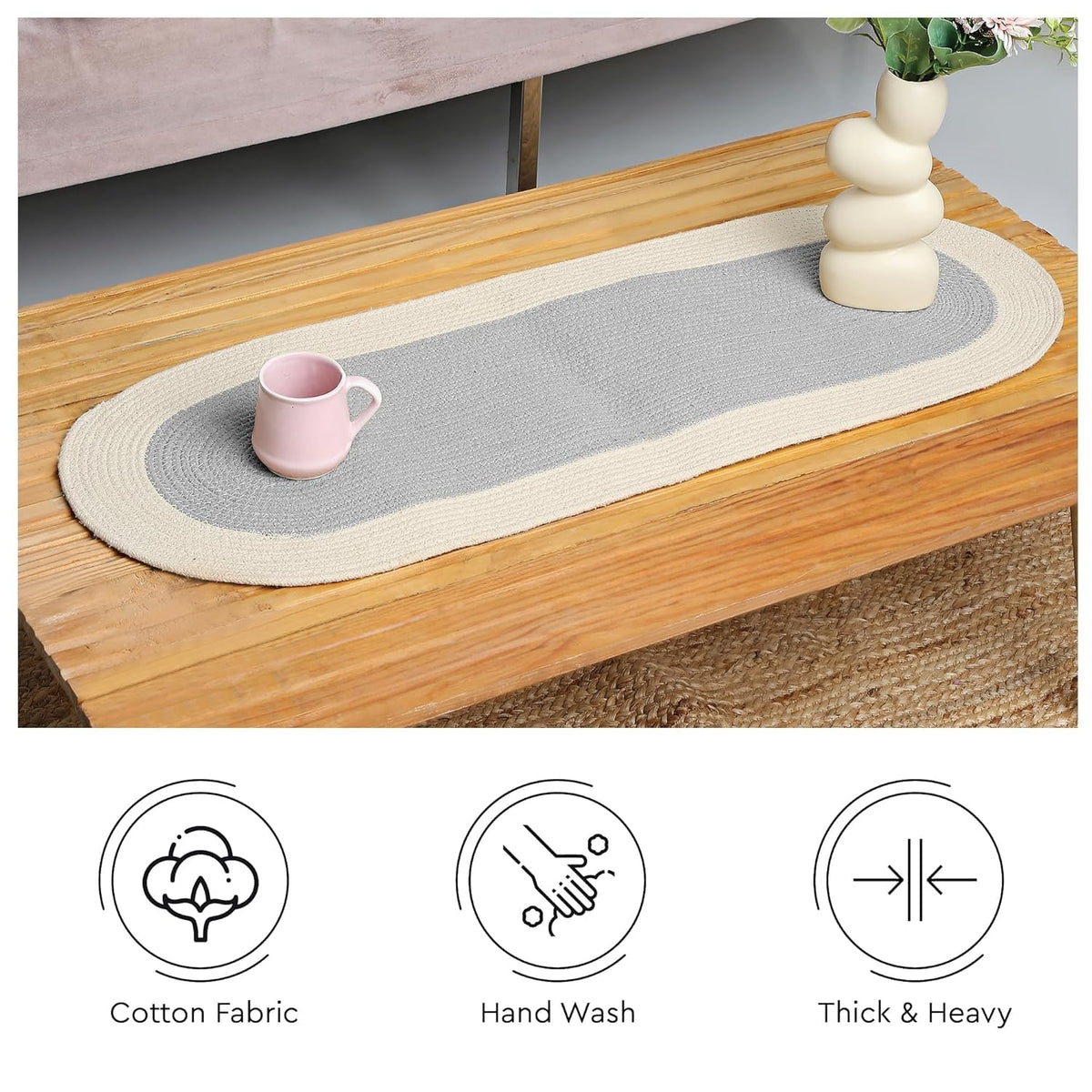 Table Runner Oval, Linen Textured Table Runner for Dining Table, 30x91 cm Farmhouse Boho Table Decor for Home Kitchen, Everyday Wedding Party Holiday Table Setting (Beige & Off-White)