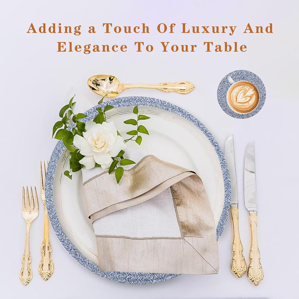 Cotton Round Braided Placemats & Coasters Set, Beige | 6 Placemats (30 cm) + 6 Coasters (11 cm) | Heat Resistant, Eco-Friendly, Easy to Clean | Includes Storage Box (Blue)
