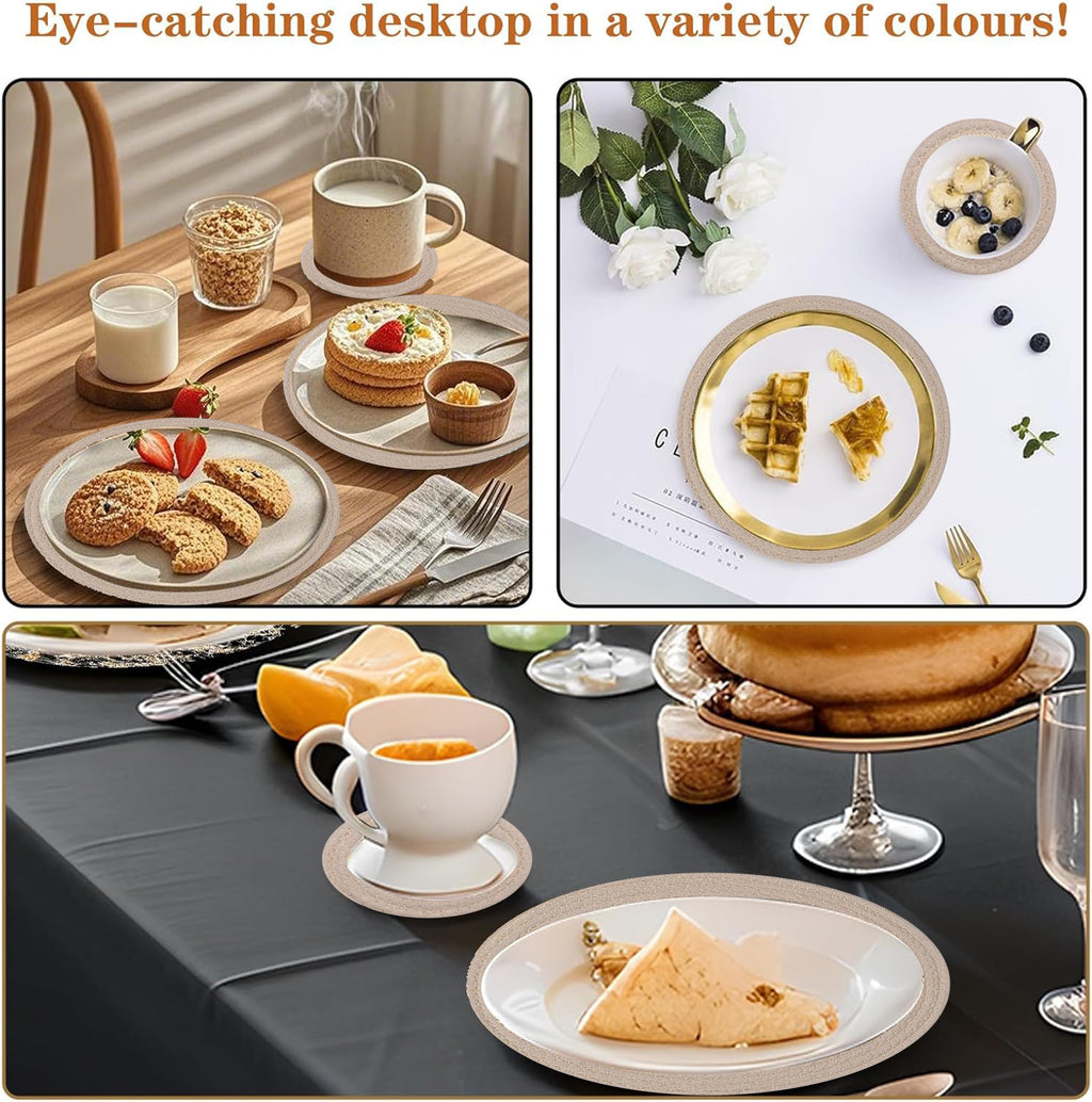 Cotton Round Braided Placemats & Coasters Set, Beige | 6 Placemats (30 cm) + 6 Coasters (11 cm) | Heat Resistant, Eco-Friendly, Easy to Clean | Includes Storage Box (Blue)