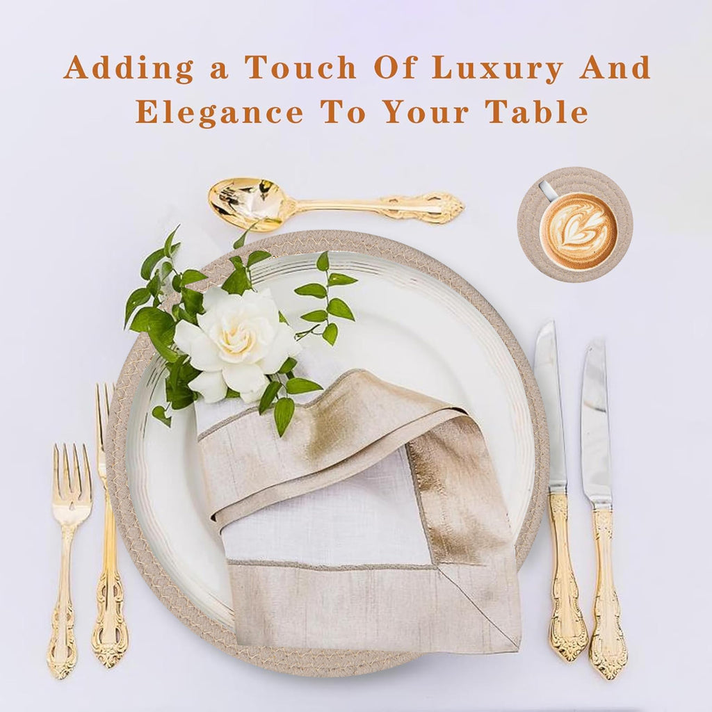 Cotton Round Braided Placemats & Coasters Set, Beige | 6 Placemats (30 cm) + 6 Coasters (11 cm) | Heat Resistant, Eco-Friendly, Easy to Clean | Includes Storage Box (Blue)