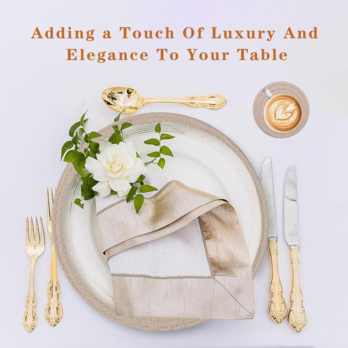 Cotton Round Braided Placemats & Coasters Set, Beige | 6 Placemats (30 cm) + 6 Coasters (11 cm) | Heat Resistant, Eco-Friendly, Easy to Clean | Includes Storage Box (Blue)