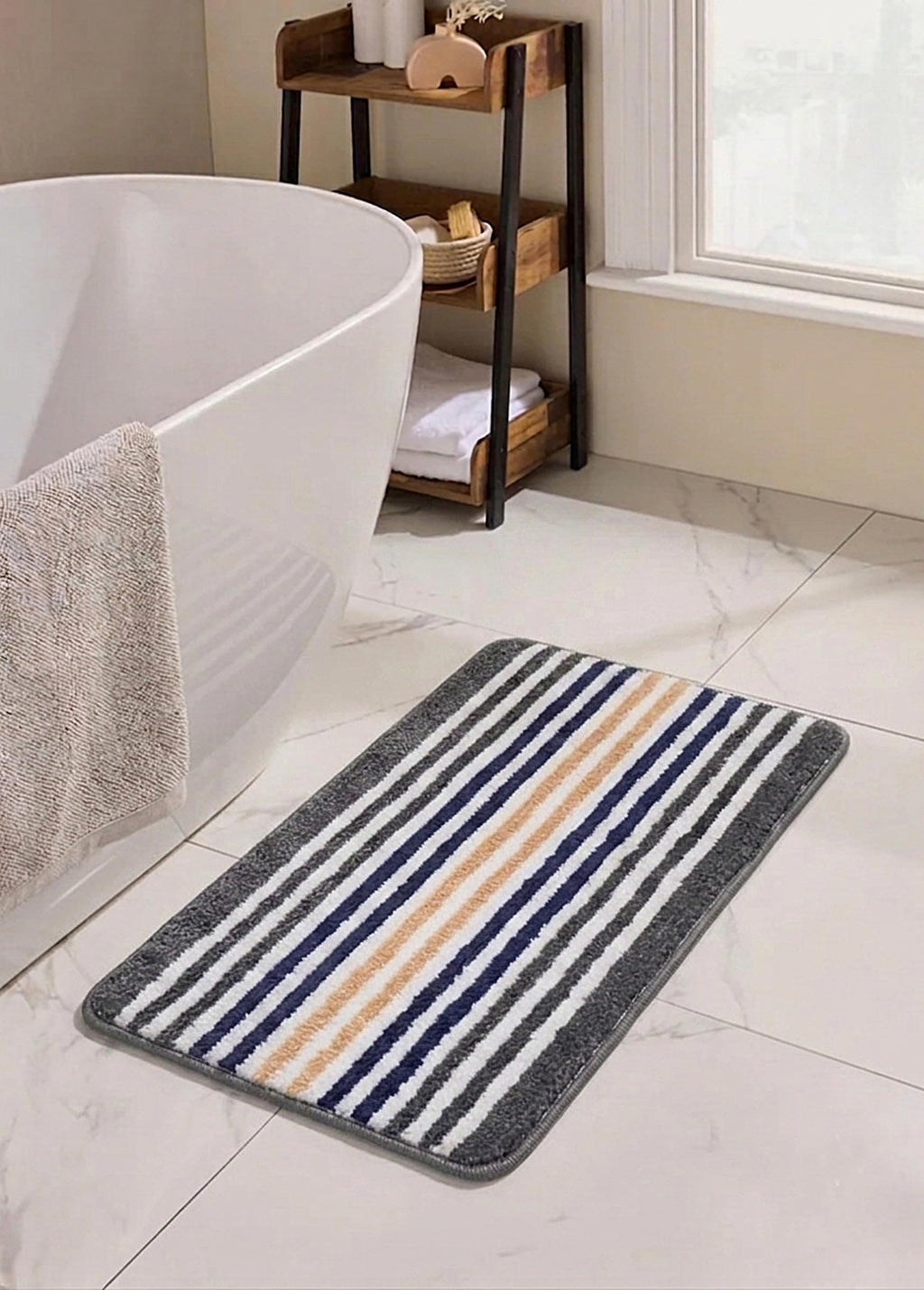 Striped Bath Mat for Bathroom Floor | Soft Absorbent Anti-Skid Bath Rug | Quick Dry Washable Floor Mat | Grey, Blue & Beige | 40x60 cm (Blue)