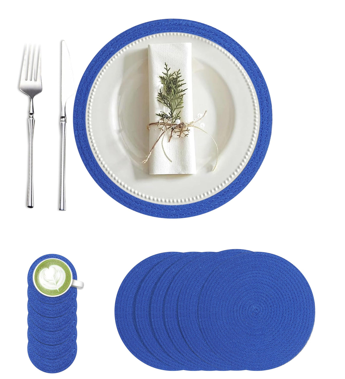 Cotton Round Braided Placemats & Coasters Set, Beige | 6 Placemats (30 cm) + 6 Coasters (11 cm) | Heat Resistant, Eco-Friendly, Easy to Clean | Includes Storage Box (Blue)