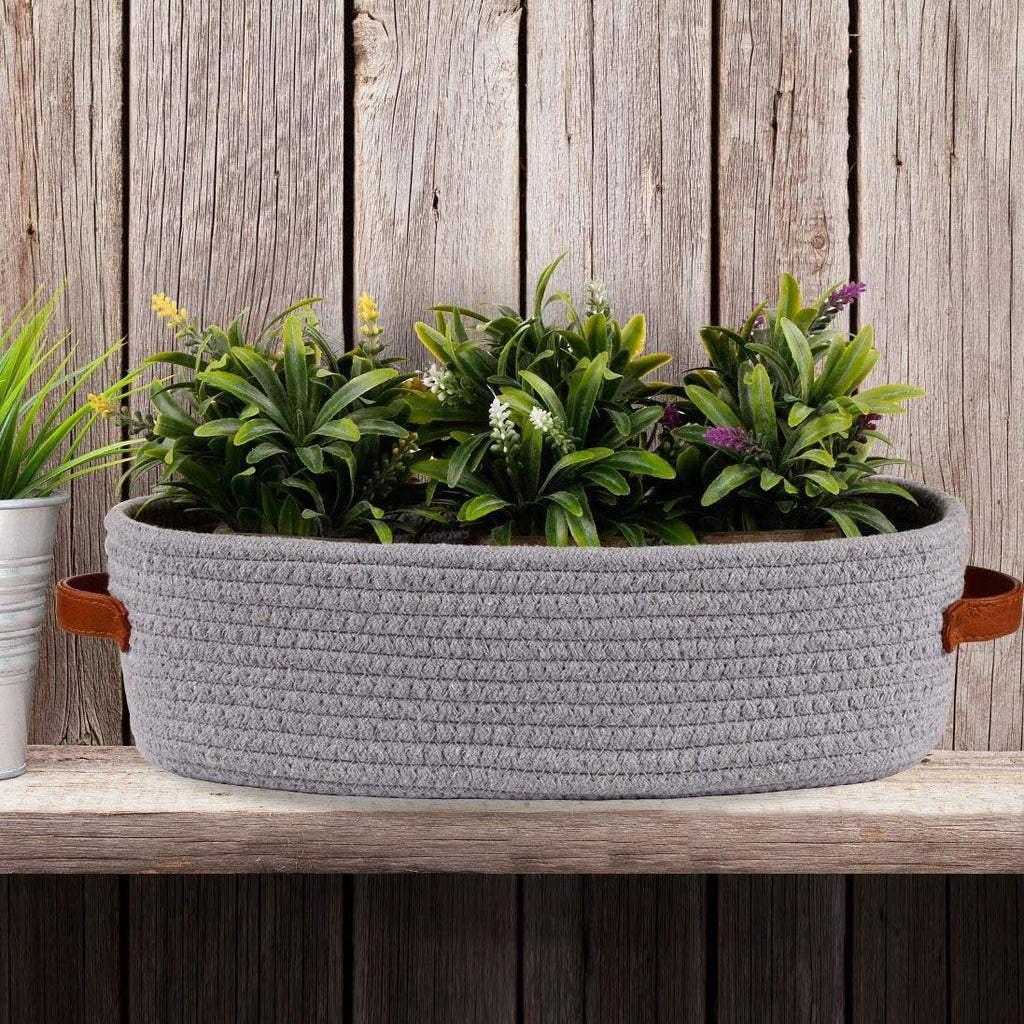 Woven Storage Basket for Home Organization | Rectangular Rope Basket with Leather Handle | Multipurpose Organizer for Bathroom, Bedroom, Shelves & Countertop | 13 x 6 x 4 In | Pack of 1