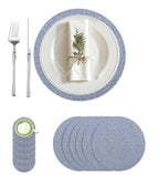 Cotton Round Braided Placemats & Coasters Set, Beige | 6 Placemats (30 cm) + 6 Coasters (11 cm) | Heat Resistant, Eco-Friendly, Easy to Clean | Includes Storage Box (Blue)