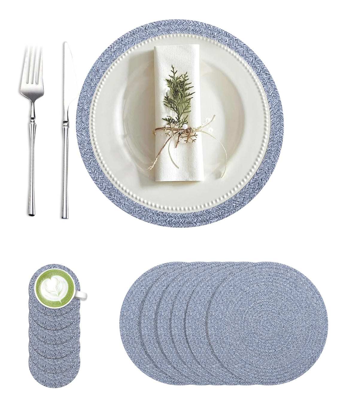 Cotton Round Braided Placemats & Coasters Set, Beige | 6 Placemats (30 cm) + 6 Coasters (11 cm) | Heat Resistant, Eco-Friendly, Easy to Clean | Includes Storage Box (Blue)