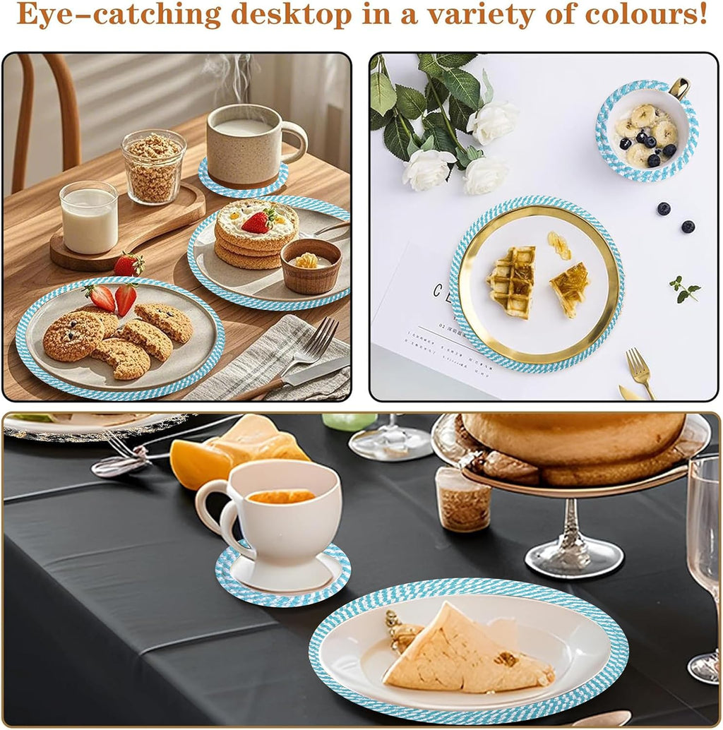 Cotton Round Braided Placemats & Coasters Set, Beige | 6 Placemats (30 cm) + 6 Coasters (11 cm) | Heat Resistant, Eco-Friendly, Easy to Clean | Includes Storage Box (Blue)