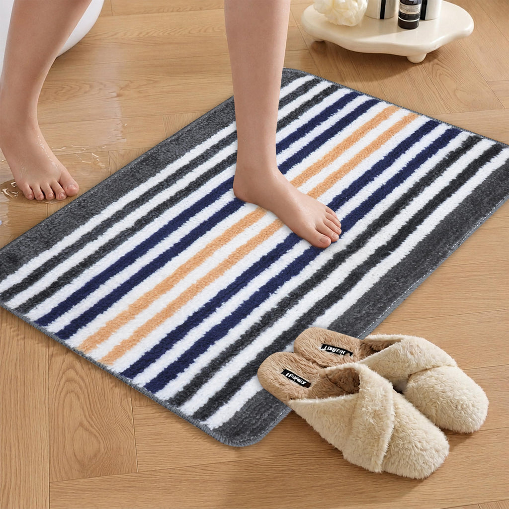 Striped Bath Mat for Bathroom Floor | Soft Absorbent Anti-Skid Bath Rug | Quick Dry Washable Floor Mat | Grey, Blue & Beige | 40x60 cm (Blue)