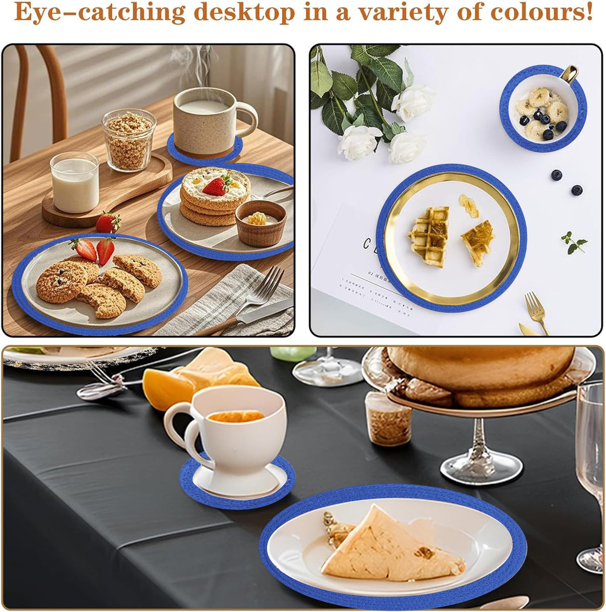 Cotton Round Braided Placemats & Coasters Set, Beige | 6 Placemats (30 cm) + 6 Coasters (11 cm) | Heat Resistant, Eco-Friendly, Easy to Clean | Includes Storage Box (Blue)