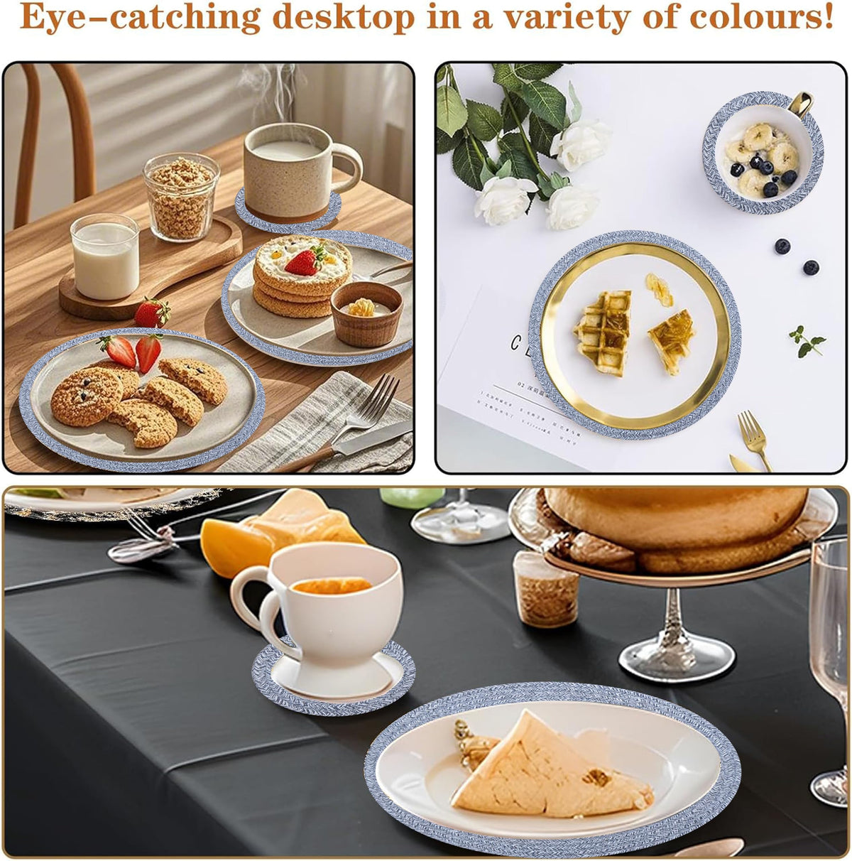 Cotton Round Braided Placemats & Coasters Set, Beige | 6 Placemats (30 cm) + 6 Coasters (11 cm) | Heat Resistant, Eco-Friendly, Easy to Clean | Includes Storage Box (Blue)