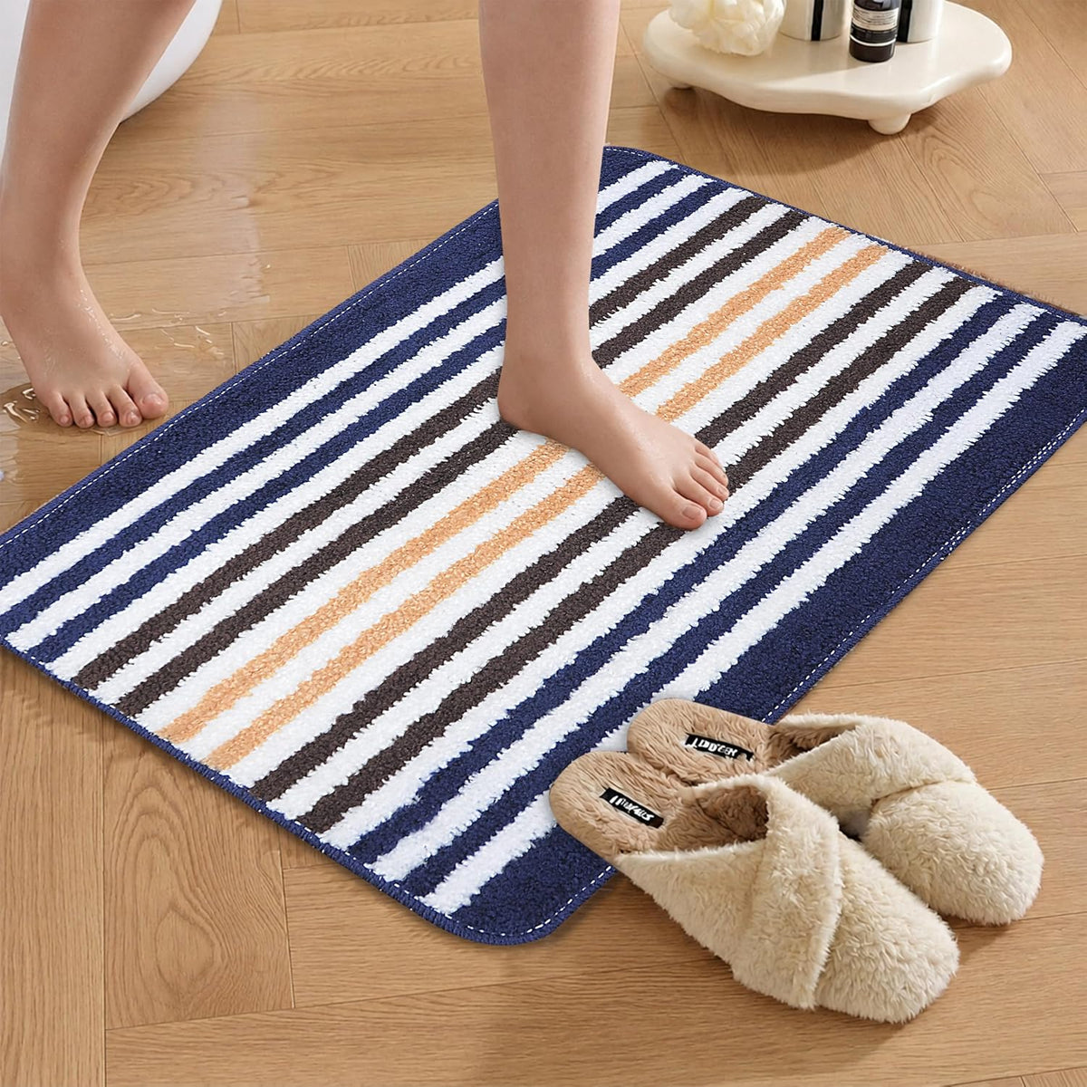 Striped Bath Mat for Bathroom Floor | Soft Absorbent Anti-Skid Bath Rug | Quick Dry Washable Floor Mat | Grey, Blue & Beige | 40x60 cm (Blue)