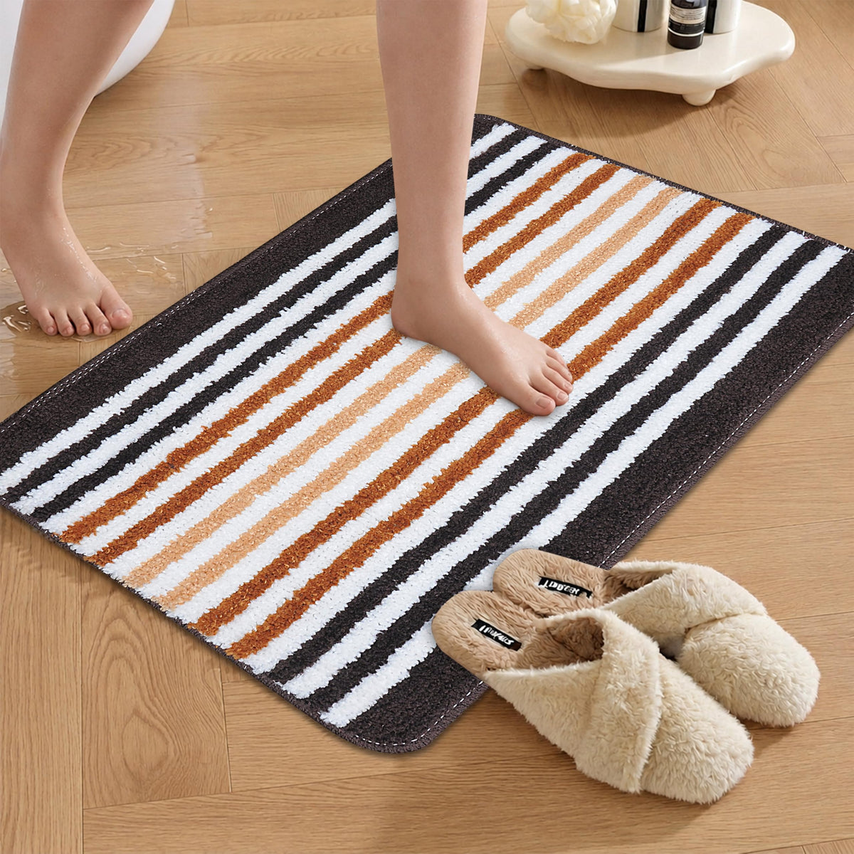 Striped Bath Mat for Bathroom Floor | Soft Absorbent Anti-Skid Bath Rug | Quick Dry Washable Floor Mat | Grey, Blue & Beige | 40x60 cm (Blue)